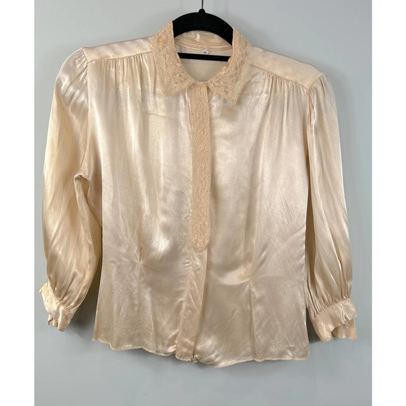 Judy Bond Tops - Vintage 50s/60s Judy Bond Ivory Satin Lace Collar 3/4 Sleeve Blouse Size XS